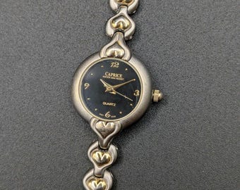 Dainty Vintage Caprice Quartz Ladies Watch | Two-Tone Heart Link Bracelet | Black Dial 90s Fashion