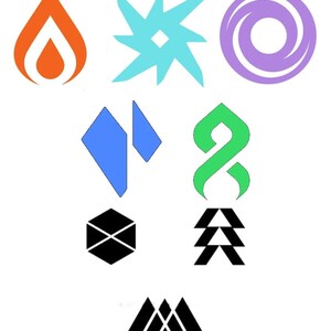 May include: A selection of geometric shapes in a range of colours: orange, light blue, purple, blue, green, and black. The shapes include a flame, a starburst, a spiral, diamonds, an infinity symbol, a hexagon, and triangles.