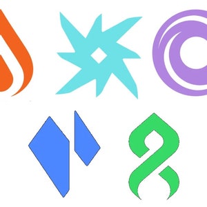 Könnte beinhalten: Fünf verschiedene farbige Symbole, die jeweils ein anderes Element repräsentieren. Die Symbole sind eine Flamme, ein Stern, eine Spirale, ein Diamant und eine Acht.