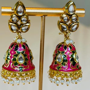 Meenakari Kundan work Jhumka, Med size Jhumka Earrings, Indian Jhumka, Brass Golden Jhumka, traditional jhumka, classic jhumka