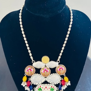 Lange zilveren ketting set, Indiase ketting, messing zilveren ketting, Indiase sieraden ketting, eenvoudige ketting set, kralenketting set