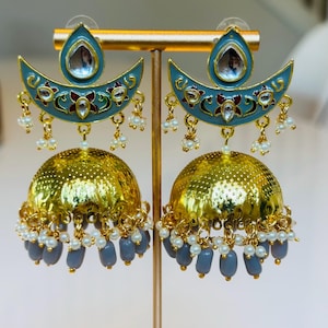 Jhumka Earrings, Indian Jhumka, Brass Golden Jhumka,replica earrings, stone earrings,traditional jhumka, classic jhumka, moon jhumka earring