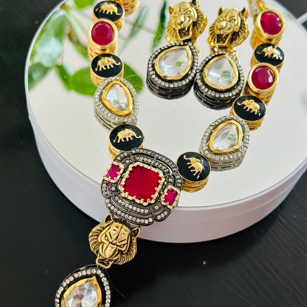 Long Kundan Necklace,Sabyasachi inspired necklace,Long Sabya Necklace,Stone Necklace Set,Victorian Choker/Bollywood Jewelry/Indian Choker