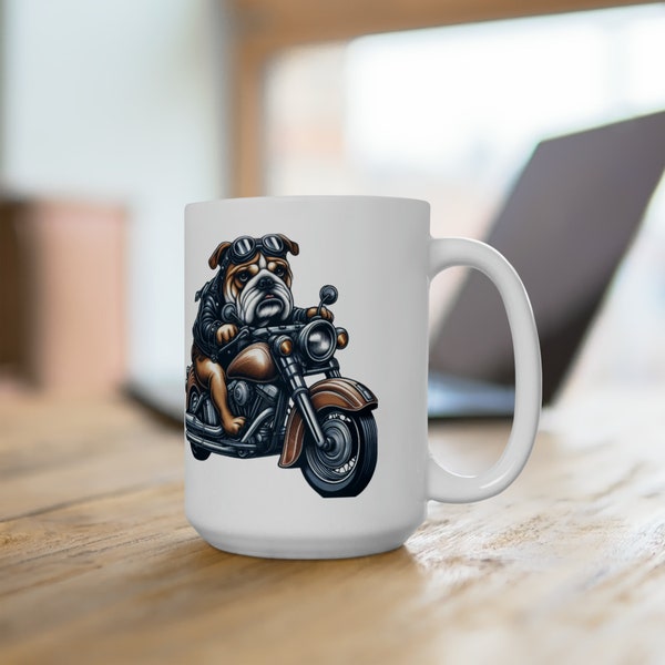 Bulldog riding a motorcycle/Ceramic Mug 15oz