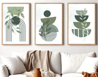 Sage Green Boho Wall Art Set: 3 Piece Geometric Prints (Digital Download)
