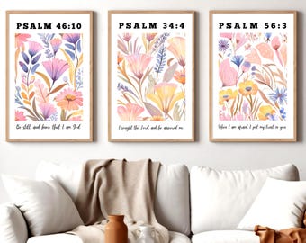 Wildflower Psalm Print Set: Christian Scripture, Pink Floral (Digital Download, Set of 3)