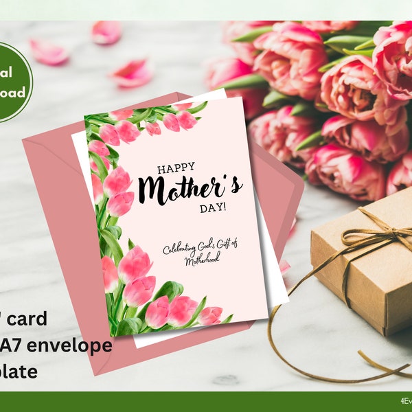 Printable Mother's day Card, pink tulips, Instant download card,  flower, Botanical, Christian faith, celebrating God's gift of motherhood