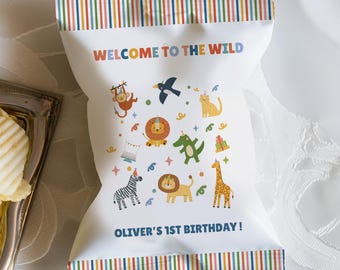 Wild One Birthday Chip Bag Template, First Birthday Party Decor, Party Animals Decorations, Instant Download, Wild One Birthday