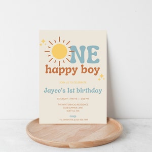 One Happy Boy 1st Birthday Invitation: Boho Sun Theme (Digital Download)