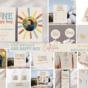 One Happy Boy Birthday Bundle | 1st Birthday Invitation for Boy | First Trip Around The Sun | Boho Theme | Neutral Colors | Printable