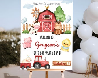 Farm Birthday Welcome Sign: Barn Animals, Editable Canva Template (Digital Download)
