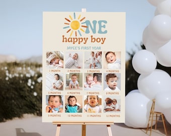 One Happy Boy | Photo Board | Milestone | 1st Birthday Board | Birthday Decorations | First Birthday | Instant Download | Editable |Boho Sun