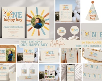 One Happy Boy Birthday Bundle | 1st Birthday Invitation for Boy | First Trip Around The Sun | Boho Theme | Neutral Colors | Printable