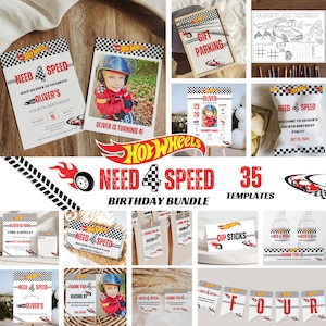 May include: A collection of Hot Wheels-themed birthday party supplies. Includes invitations, signs, and decorations with a red, black, and white checkered flag design. The theme is "Need 4 Speed" for a fourth birthday.