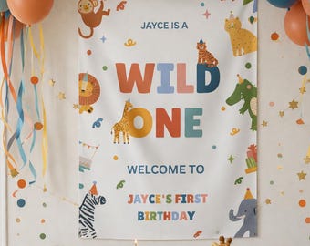 Wilde verjaardagsbanner | Verjaardag feestbeesten | Feestdecoratie 1e verjaardag | Welkomstbord eerste verjaardag | Jungle verjaardag | Aangepast: