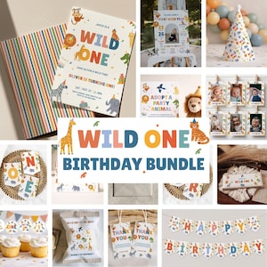 May include: A selection of party decorations with a "Wild One" theme. Includes invitations, a banner, cupcake toppers, and favour bags. The invitations feature animal illustrations and the text "Wild One". The colour scheme includes orange, blue, and green.