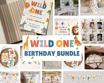 ワイルドワンバースデーバンドル、1歳の誕生日デコレーション、1歳の誕生日招待状、パーティーアニマルズバンドル、1歳の誕生日バンドル、編集可能