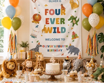 Vier ooit wilde verjaardag banner, feestbeesten verjaardag, 4e verjaardagsfeestje decor, verjaardag welkomstbord, jungle verjaardag, custom