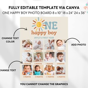 K&ouml;nnte beinhalten: Eine druckbare Fototafelvorlage f&uuml;r das erste Jahr eines Babys. Die Vorlage zeigt eine Sonne mit einem blauen und gelben "EIN" und dem Text "happy boy". Die Vorlage hat 12 Fotopl&auml;tze f&uuml;r jeden Monat des Jahres. Der Text "JAYCE'S FIRST YEAR" befindet sich unterhalb der Sonnengrafik. Die Vorlage ist vollst&auml;ndig &uuml;ber Canva bearbeitbar.