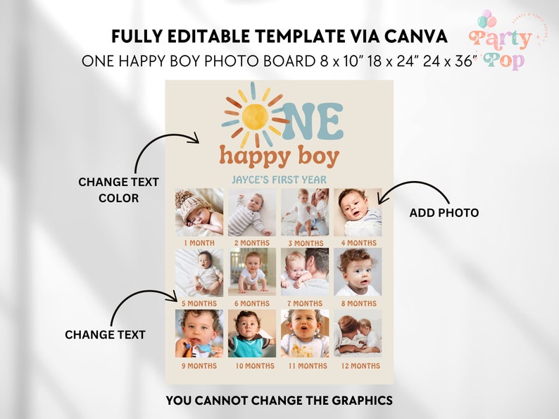 K&ouml;nnte beinhalten: Eine druckbare Fototafelvorlage f&uuml;r das erste Jahr eines Babys. Die Vorlage zeigt eine Sonne mit einem blauen und gelben "EIN" und dem Text "happy boy". Die Vorlage hat 12 Fotopl&auml;tze f&uuml;r jeden Monat des Jahres. Der Text "JAYCE'S FIRST YEAR" befindet sich unterhalb der Sonnengrafik. Die Vorlage ist vollst&auml;ndig &uuml;ber Canva bearbeitbar.