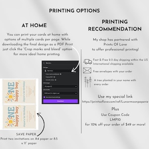 Puede incluir: Imagen que muestra opciones de impresi&oacute;n para invitaciones. Incluye instrucciones para imprimir en casa y una recomendaci&oacute;n para servicios de impresi&oacute;n profesionales. La imagen presenta un dise&ntilde;o de ejemplo de invitaci&oacute;n con el texto "ONE happy boy" y "Jayce's 1st birthday".