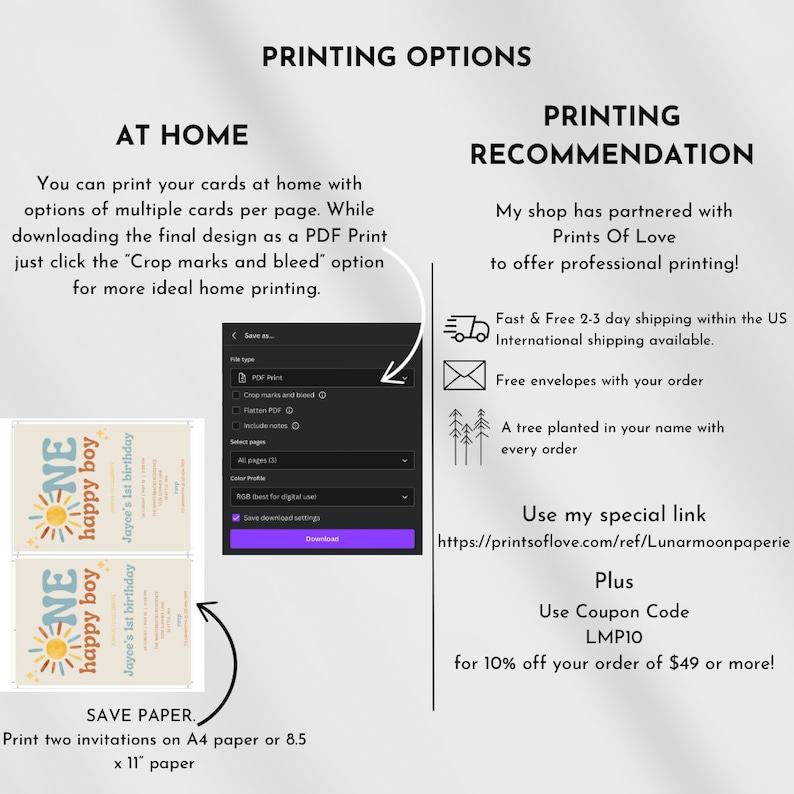 Puede incluir: Imagen que muestra opciones de impresi&oacute;n para invitaciones. Incluye instrucciones para imprimir en casa y una recomendaci&oacute;n para servicios de impresi&oacute;n profesionales. La imagen presenta un dise&ntilde;o de ejemplo de invitaci&oacute;n con el texto "ONE happy boy" y "Jayce's 1st birthday".
