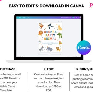 May include: A laptop displays a colorful invitation template with the text "Adopt a Party Animal." The design features cartoon animals and the Canva logo. Instructions for purchase, editing, and printing are below the laptop.