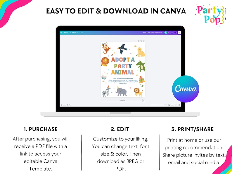 May include: A laptop displays a colorful invitation template with the text "Adopt a Party Animal." The design features cartoon animals and the Canva logo. Instructions for purchase, editing, and printing are below the laptop.