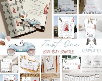 Paquete de primer cumpleaños Fast One / Decoración para fiesta de coches de carreras / Coche de carreras vintage / Paquete de primer cumpleaños / Invitación de cumpleaños / Descarga instantánea