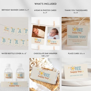 Puede incluir: Un conjunto de suministros para fiestas con el tema "One Happy Boy". Incluye una pancarta, tarjetas de fotos, etiquetas de agradecimiento, fundas para botellas de agua, un envoltorio de barra de chocolate y tarjetas de lugar. La pancarta mide 12,7 x 17,8 cm.