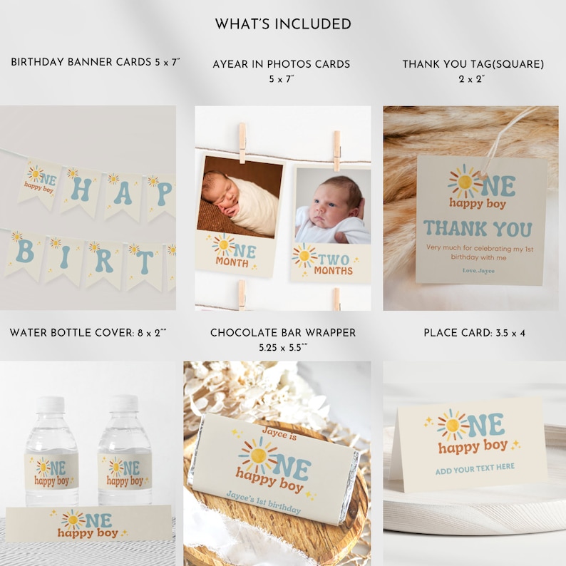 Puede incluir: Un conjunto de suministros para fiestas con el tema "One Happy Boy". Incluye una pancarta, tarjetas de fotos, etiquetas de agradecimiento, fundas para botellas de agua, un envoltorio de barra de chocolate y tarjetas de lugar. La pancarta mide 12,7 x 17,8 cm.