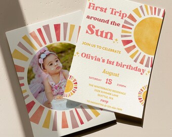 First Trip Around The Sun Invitation: Boho 1st Birthday Girl (Editable Canva Template)