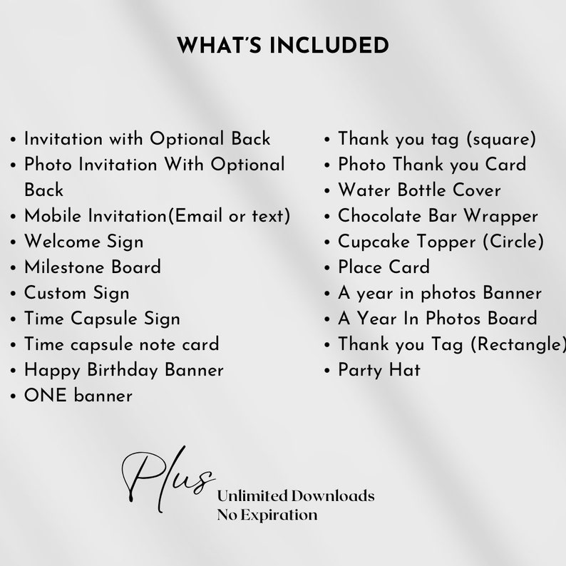 Puede incluir: Un fondo blanco con una lista de elementos incluidos para una fiesta o evento. La lista incluye invitaciones, letreros de bienvenida, pancartas y varias etiquetas. El texto "QU&Eacute; INCLUYE" est&aacute; en la parte superior. La palabra "Plus" est&aacute; en la parte inferior, con "Descargas ilimitadas" y "Sin caducidad".