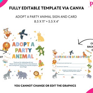 May include: A party-themed sign and card template with the text "Adopt a Party Animal." The design includes colorful cartoon animals and the text "Fully Editable Template via Canva." The sign measures 8.5 x 11 inches, and the card is 5.5 x 4 inches.