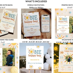 以下が含まれることがあります： 太陽のデザインと「ONE happy boy」の文字が入った誕生日パーティーの文房具のコレクション。招待状、サンキューカード、モバイル招待状、ウェルカムサイン、マイルストーンボードが含まれています。招待状は12.7cm x 17.8cmです。