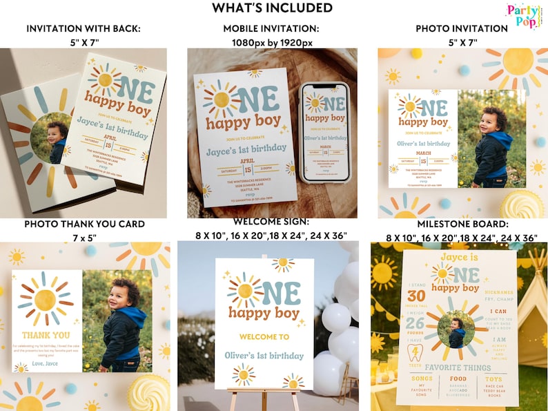 以下が含まれることがあります： 太陽のデザインと「ONE happy boy」の文字が入った誕生日パーティーの文房具のコレクション。招待状、サンキューカード、モバイル招待状、ウェルカムサイン、マイルストーンボードが含まれています。招待状は12.7cm x 17.8cmです。