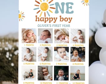 Een gelukkige jongen | Fotobord | Mijlpaal | Bord 1e verjaardag | Verjaardagsversieringen | Eerste verjaardag | Direct downloaden | Bewerkbaar | Boho Sun