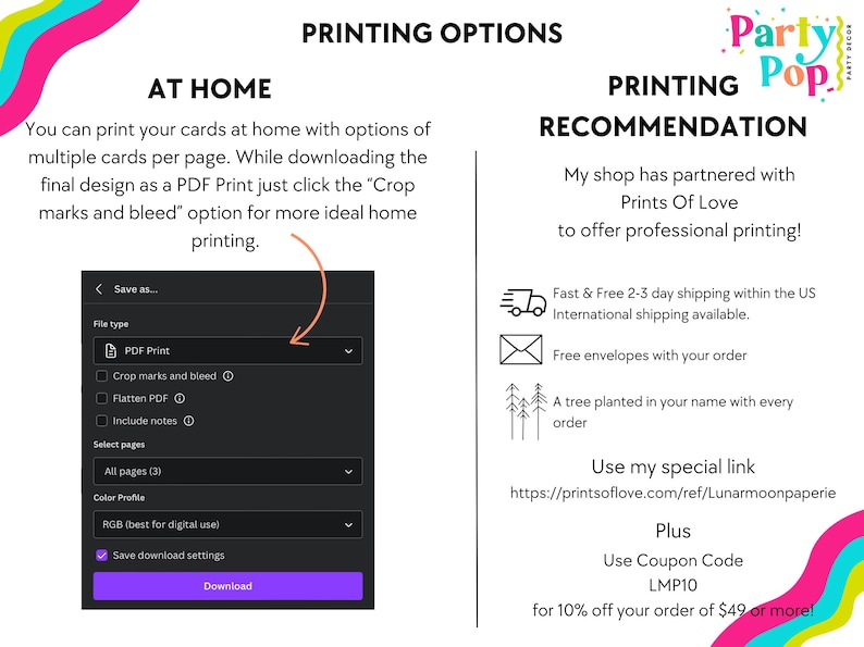以下が含まれることがあります： カードの印刷オプションを示す画像。自宅での印刷には「PDF Print」と「Crop marks and bleed」を選択する手順が含まれています。Prints Of Loveによるプロフェッショナルな印刷の推奨も含まれています。