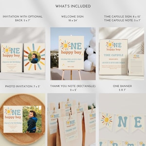 Puede incluir: Un conjunto de art&iacute;culos para fiestas con el tema "happy boy". Incluye invitaciones, un letrero de bienvenida (45,7 x 61 cm), un letrero de c&aacute;psula del tiempo, notas de agradecimiento y una pancarta. El dise&ntilde;o presenta un sol y el texto "NE happy boy".