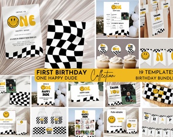 One Happy Dude 1歳の誕生日バンドル：レトロなスマイリーパーティーデコレーション（編集可能、すぐにダウンロード可能）