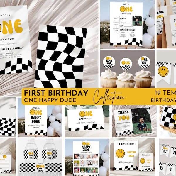 One happy dude bundle, One happy dude first birthday, First birthday, Birthday invitation, First birthday bundle template, Editable invite