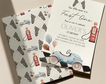 Invitación de primer cumpleaños "Fast One" / Coche de carreras clásico, plantilla editable de Canva (descarga instantánea)