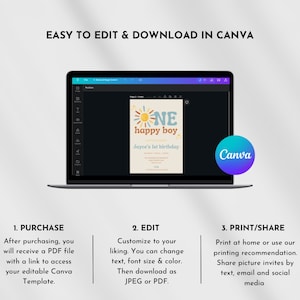 Puede incluir: Un port&aacute;til muestra una plantilla de invitaci&oacute;n de cumplea&ntilde;os personalizable con un dise&ntilde;o de sol y el texto "ONE happy boy". Se muestran instrucciones para la compra, edici&oacute;n e impresi&oacute;n. El logotipo de Canva es visible. El texto dice "EASY TO EDIT & DOWNLOAD IN CANVA."
