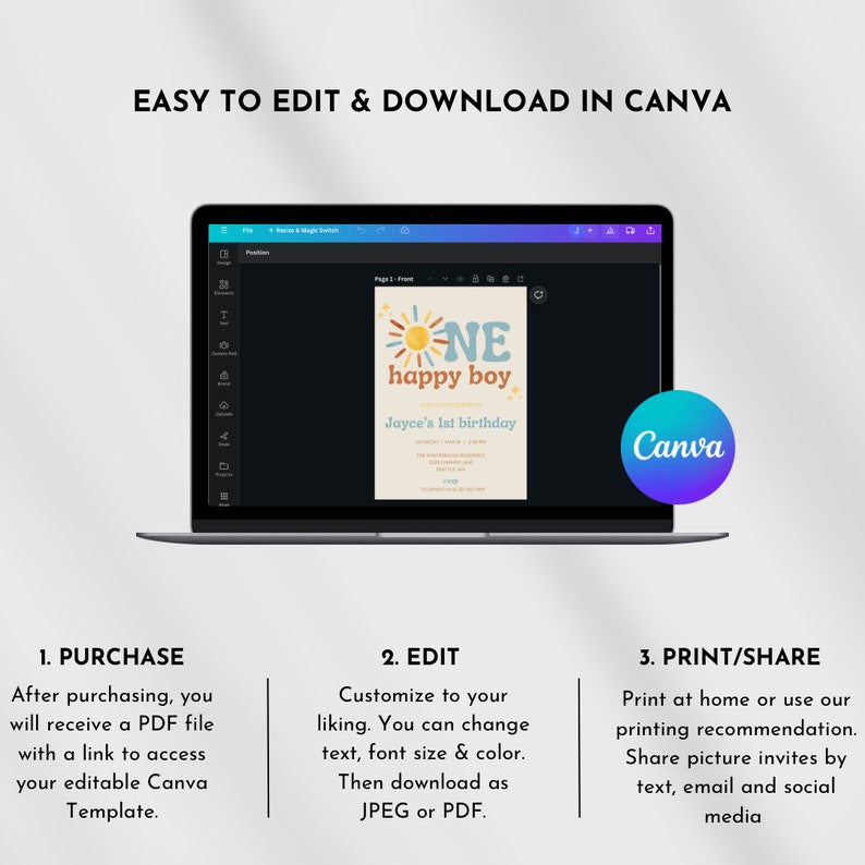 Puede incluir: Un port&aacute;til muestra una plantilla de invitaci&oacute;n de cumplea&ntilde;os personalizable con un dise&ntilde;o de sol y el texto "ONE happy boy". Se muestran instrucciones para la compra, edici&oacute;n e impresi&oacute;n. El logotipo de Canva es visible. El texto dice "EASY TO EDIT & DOWNLOAD IN CANVA."