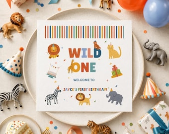 Wilde verjaardagsservet, eerste verjaardag, aangepaste verjaardagsservet, feestservet, 1e verjaardag, wilde verjaardagsfeestje, dierentuinverjaardag, op maat