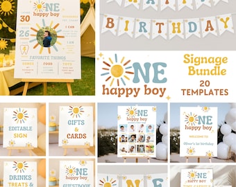 ワン・ハッピー・ボーイ1歳の誕生日サインセット：サンシャイン・パーティーデコレーション（編集可能なCanvaテンプレート、デジタルダウンロード）