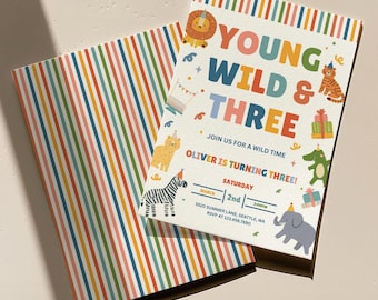 Young Wild en Three Verjaardagsuitnodiging, feestbeesten verjaardag, 3e verjaardagsuitnodiging, bewerkbare sjabloon