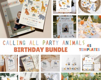 Party Animals Birthday Bundle | First Birthday | Safari Animals | Wild One | Jungle Birthday | Second Burthday |Instant Download | Editable