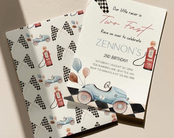 May include: A birthday party invitation with a blue race car, checkered flags, and balloons. The text reads "Our little racer is Two Fast Race on over to celebrate ZENNON'S 2ND BIRTHDAY! SATURDAY | AUGUST 20 | 2PM 1526 SUMMER LANE SEATTLE, WA RSVP TO MAKAYLA AT 123-456-7890"