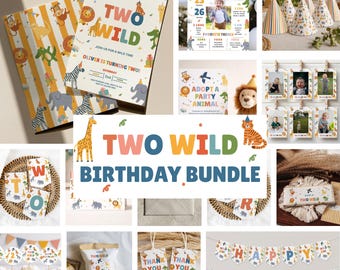 Two Wild Birthday Bundle, 2nd Birthday Decor, Second Birthday Invitation, Calling All Party Animals Bundle, 2nd Birthday Bundle, Editable